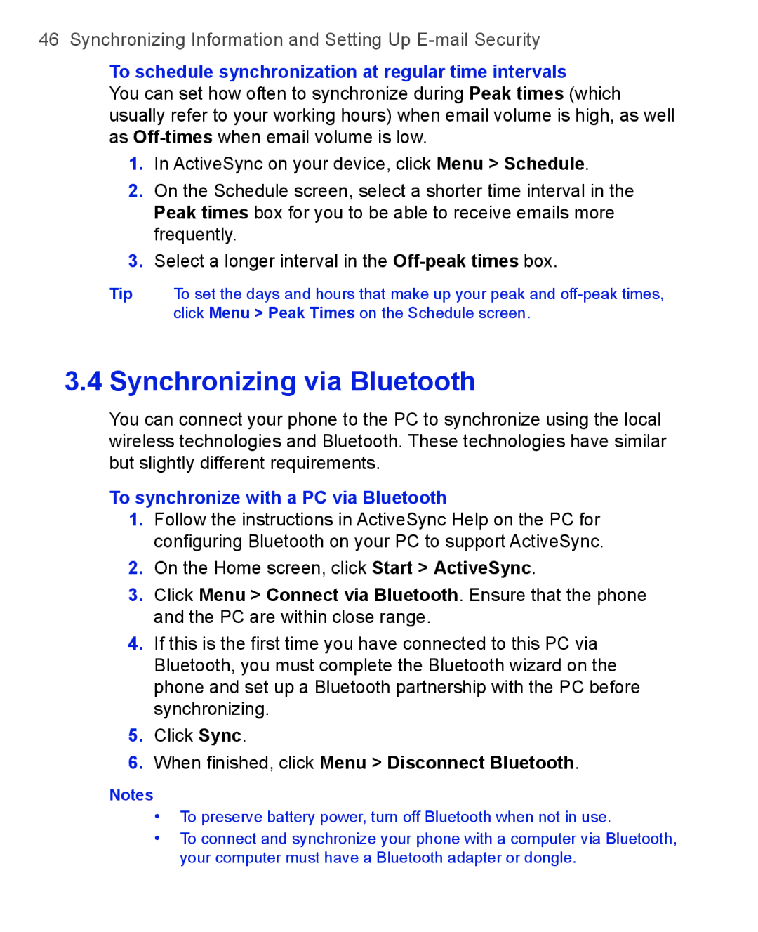 HTC 3100, 3125 user manual To schedule synchronization at regular time intervals, To synchronize with a PC via Bluetooth 