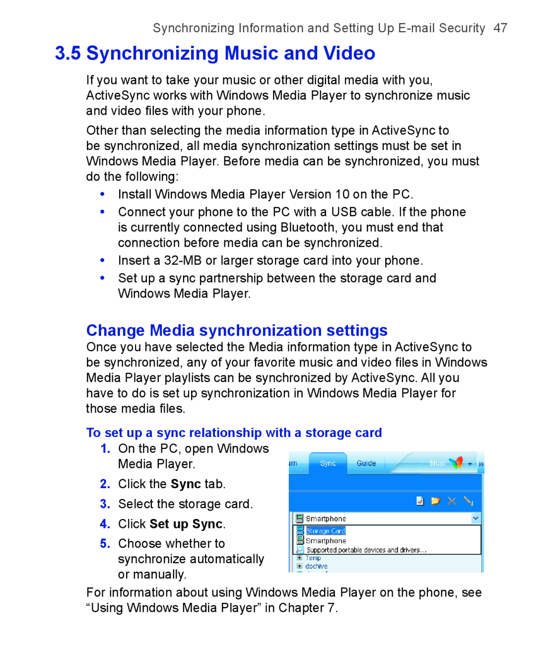 HTC 3125, 3100 Change Media synchronization settings, To set up a sync relationship with a storage card, Click Set up Sync 