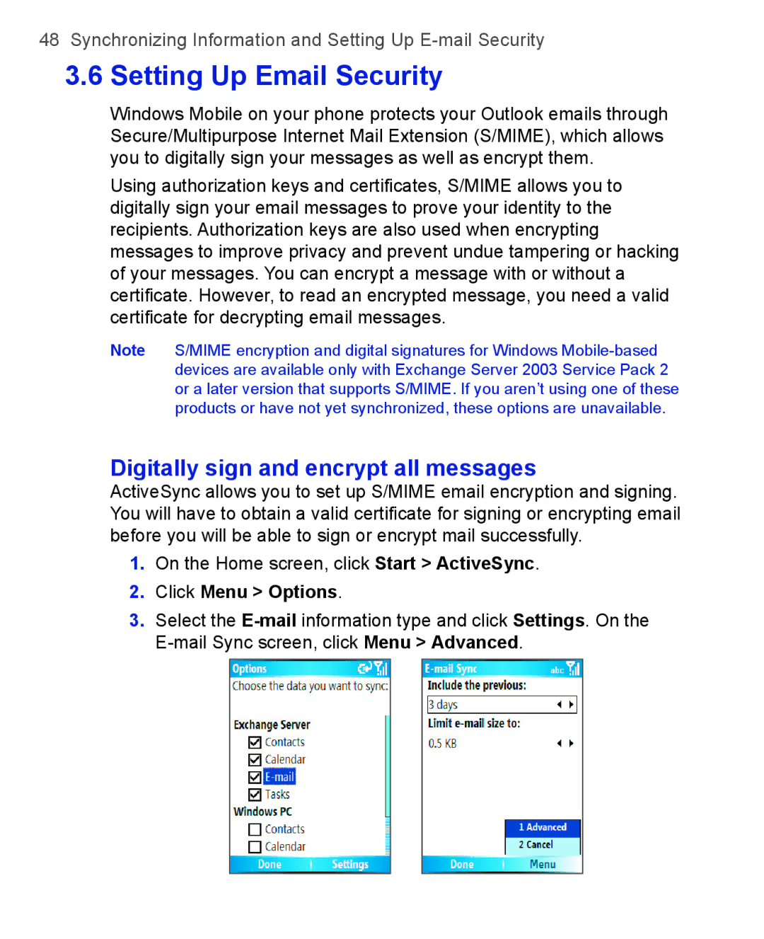 HTC 3100, 3125 user manual Digitally sign and encrypt all messages, Click Menu Options 