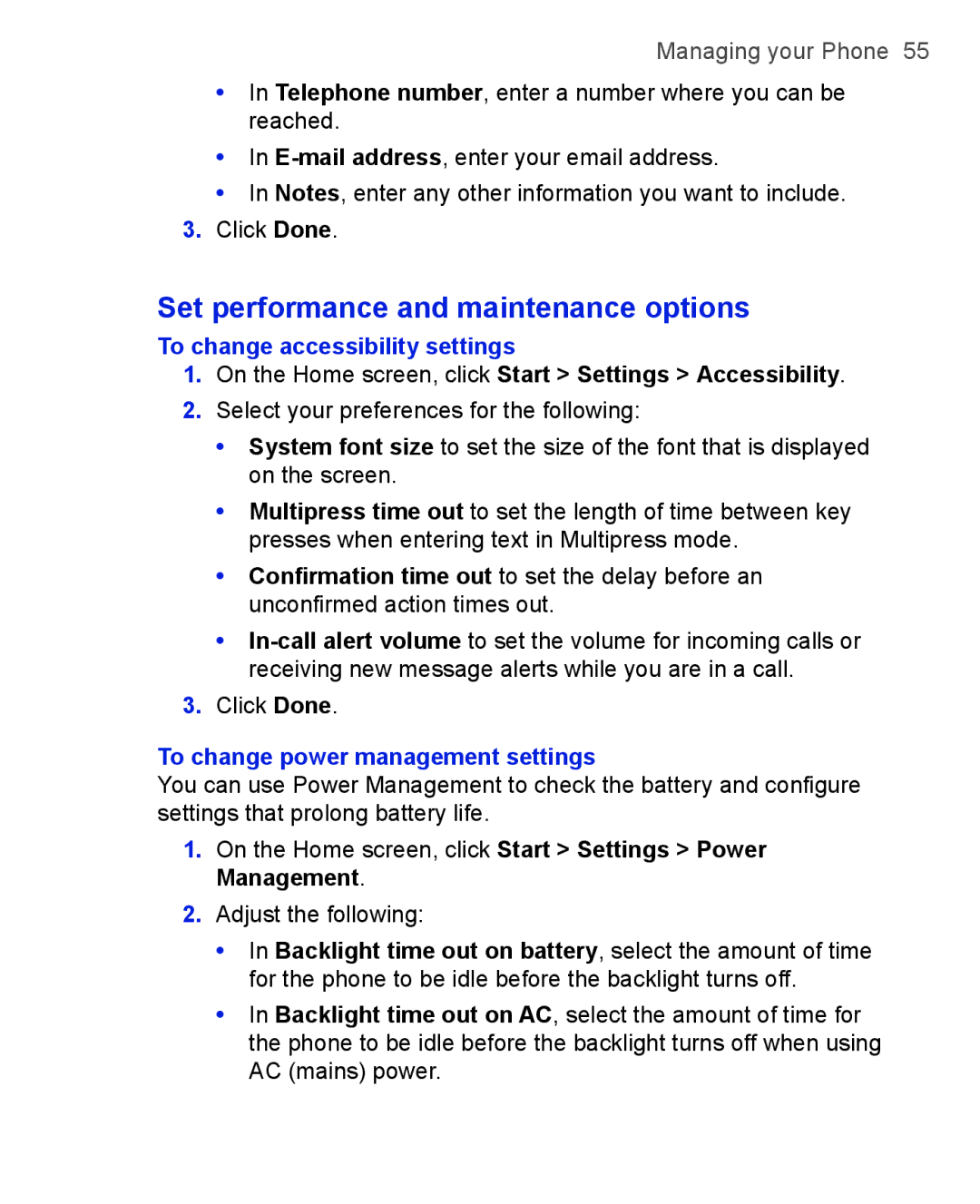 HTC 3125 Set performance and maintenance options, To change accessibility settings, To change power management settings 