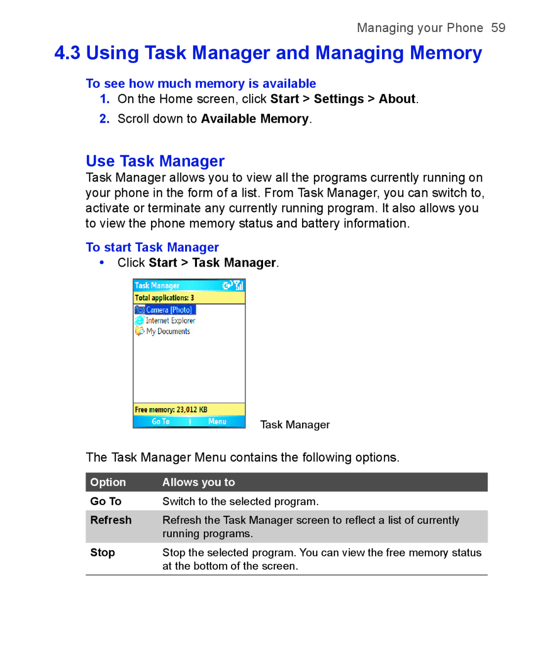 HTC 3125 Use Task Manager, To see how much memory is available, Scroll down to Available Memory, To start Task Manager 