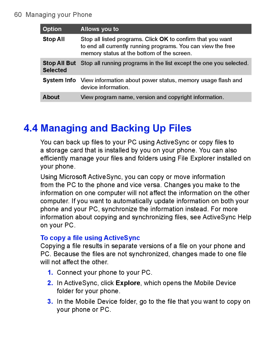 HTC 3100, 3125 user manual To copy a ﬁle using ActiveSync, Stop All, Selected 