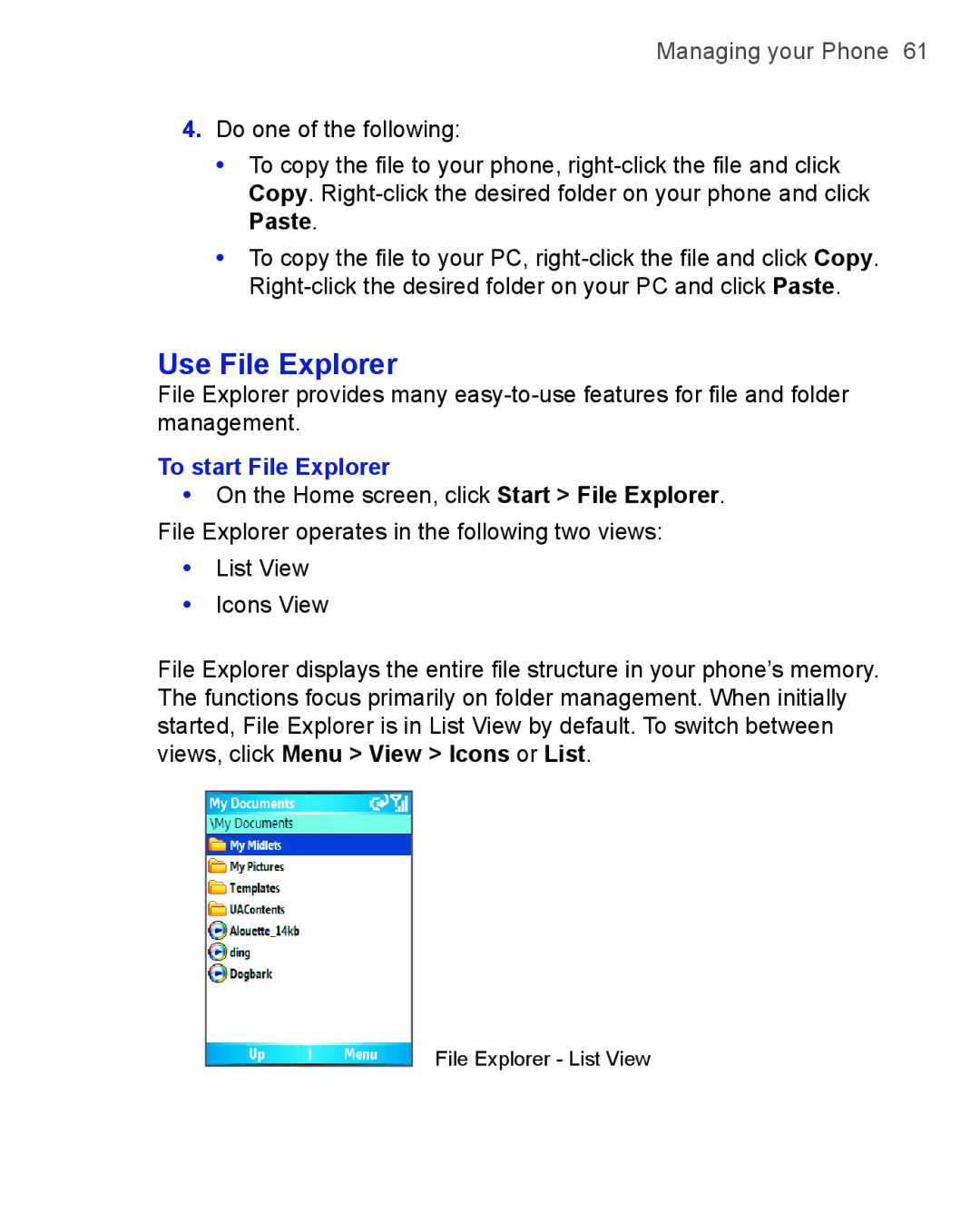 HTC 3125, 3100 user manual Use File Explorer, Paste, To start File Explorer 