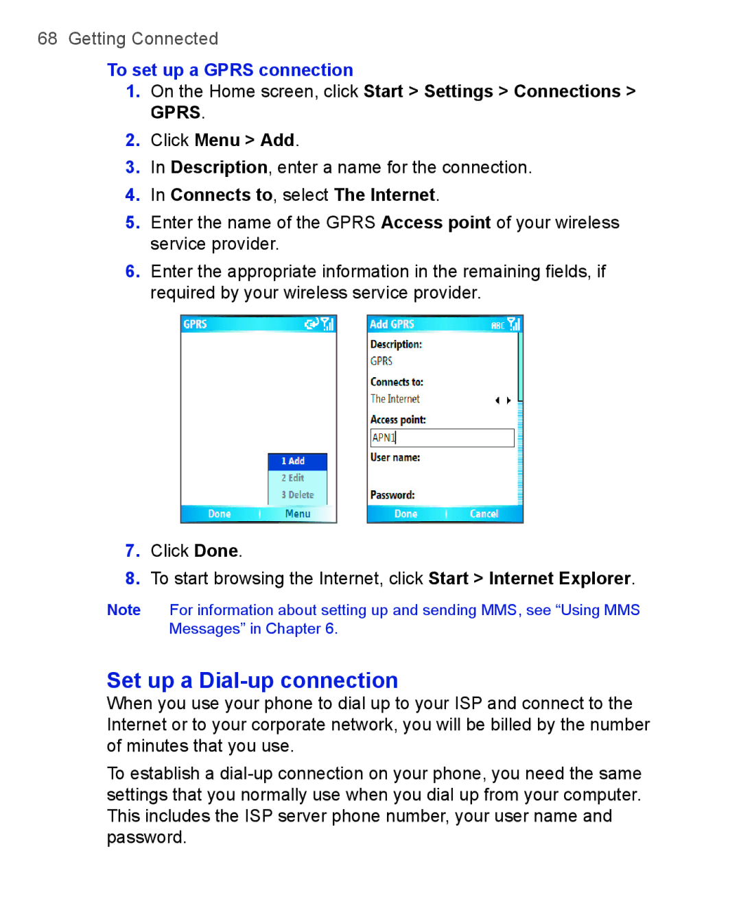 HTC 3100 Set up a Dial-up connection, To set up a Gprs connection, On the Home screen, click Start Settings Connections 