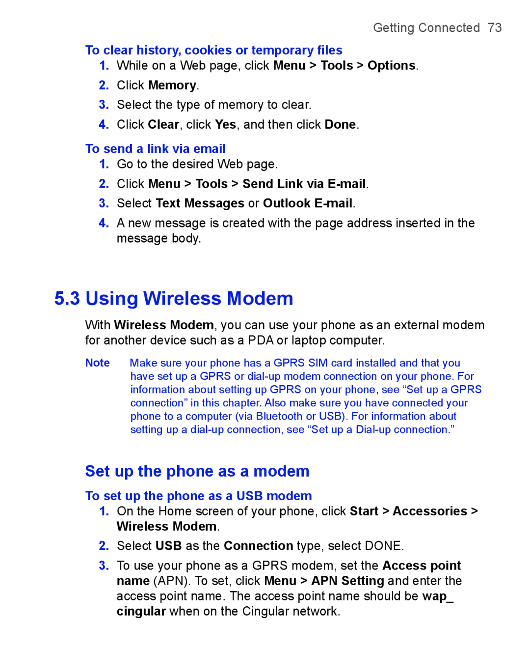 HTC 3125, 3100 Set up the phone as a modem, To clear history, cookies or temporary ﬁles, To send a link via email 