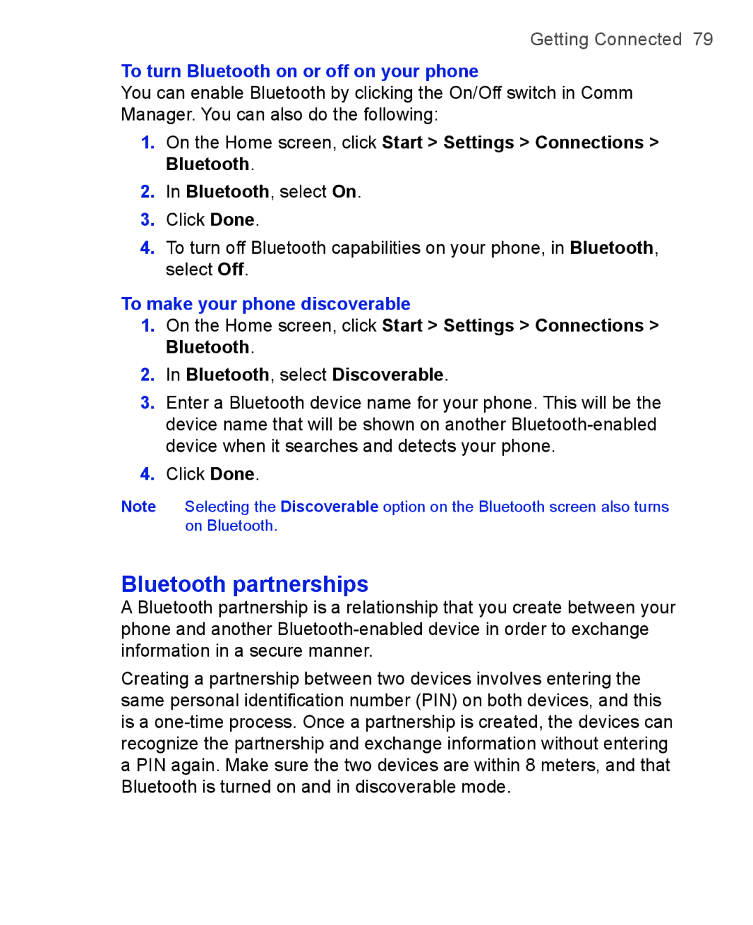 HTC 3125, 3100 Bluetooth partnerships, To turn Bluetooth on or off on your phone, To make your phone discoverable 