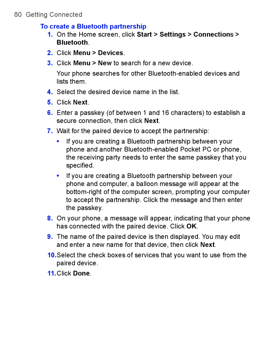 HTC 3100, 3125 user manual To create a Bluetooth partnership 