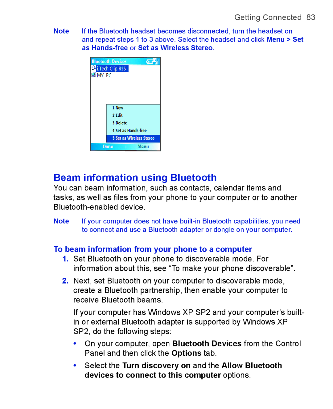 HTC 3125, 3100 user manual Beam information using Bluetooth, To beam information from your phone to a computer 