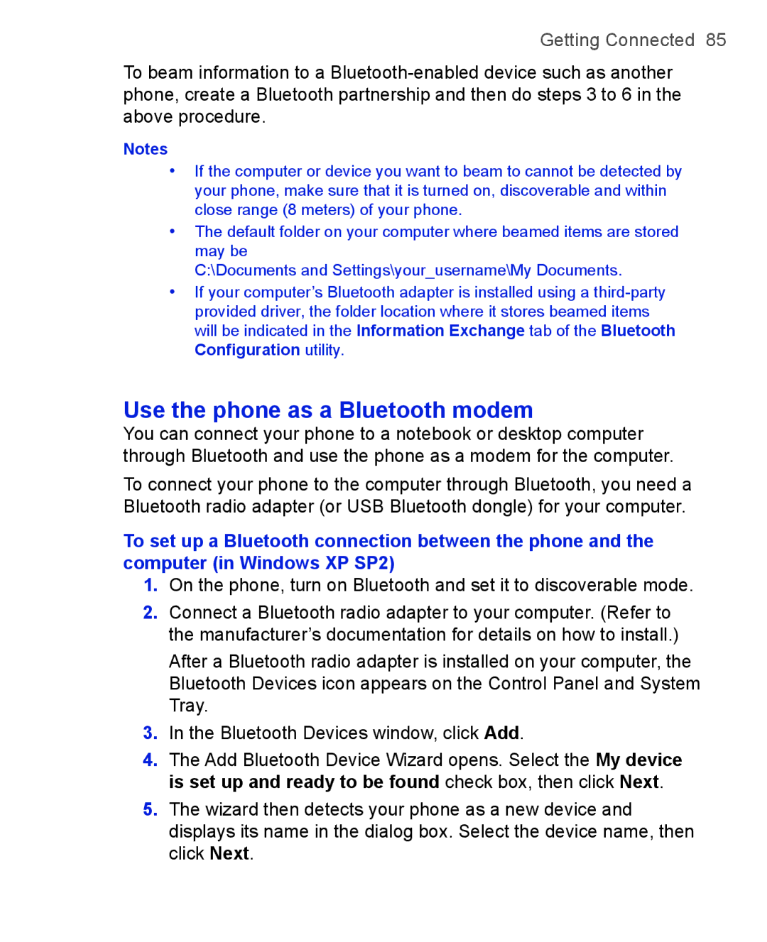 HTC 3125, 3100 user manual Use the phone as a Bluetooth modem 