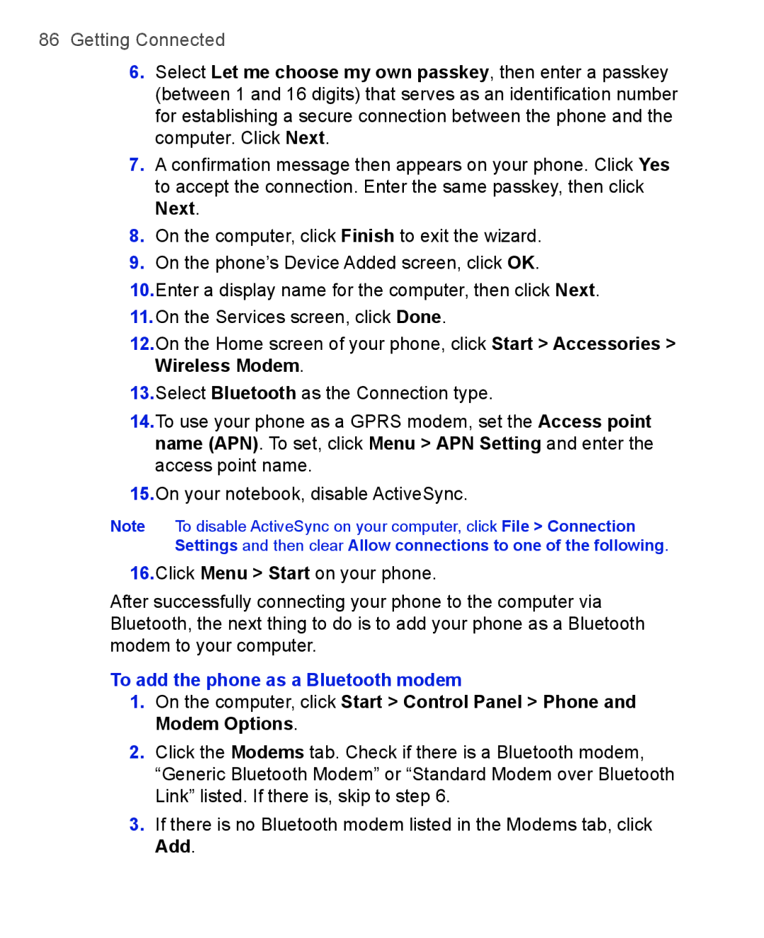 HTC 3100, 3125 user manual To add the phone as a Bluetooth modem, Add 