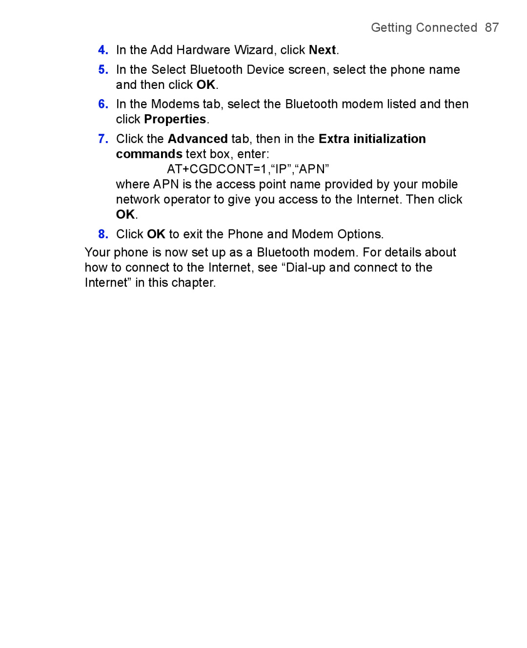 HTC 3125, 3100 user manual AT+CGDCONT=1,IP,APN 