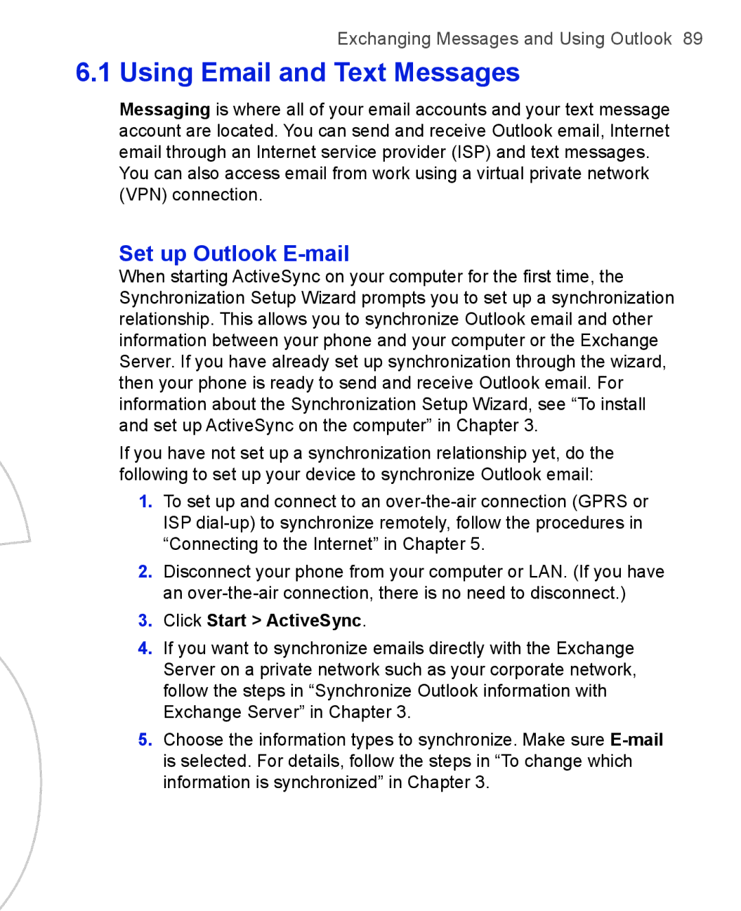HTC 3125, 3100 user manual Using Email and Text Messages, Set up Outlook E-mail, Click Start ActiveSync 