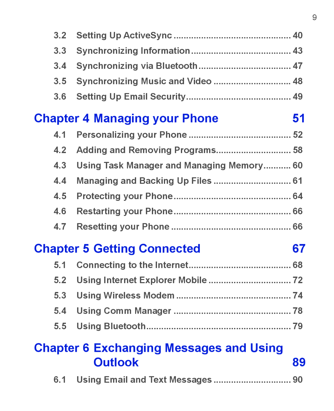 HTC 3125, 3100 user manual Managing your Phone, Getting Connected, Exchanging Messages and Using Outlook 