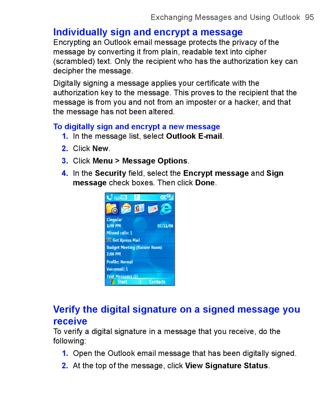 HTC 3125 Individually sign and encrypt a message, To digitally sign and encrypt a new message, Click Menu Message Options 