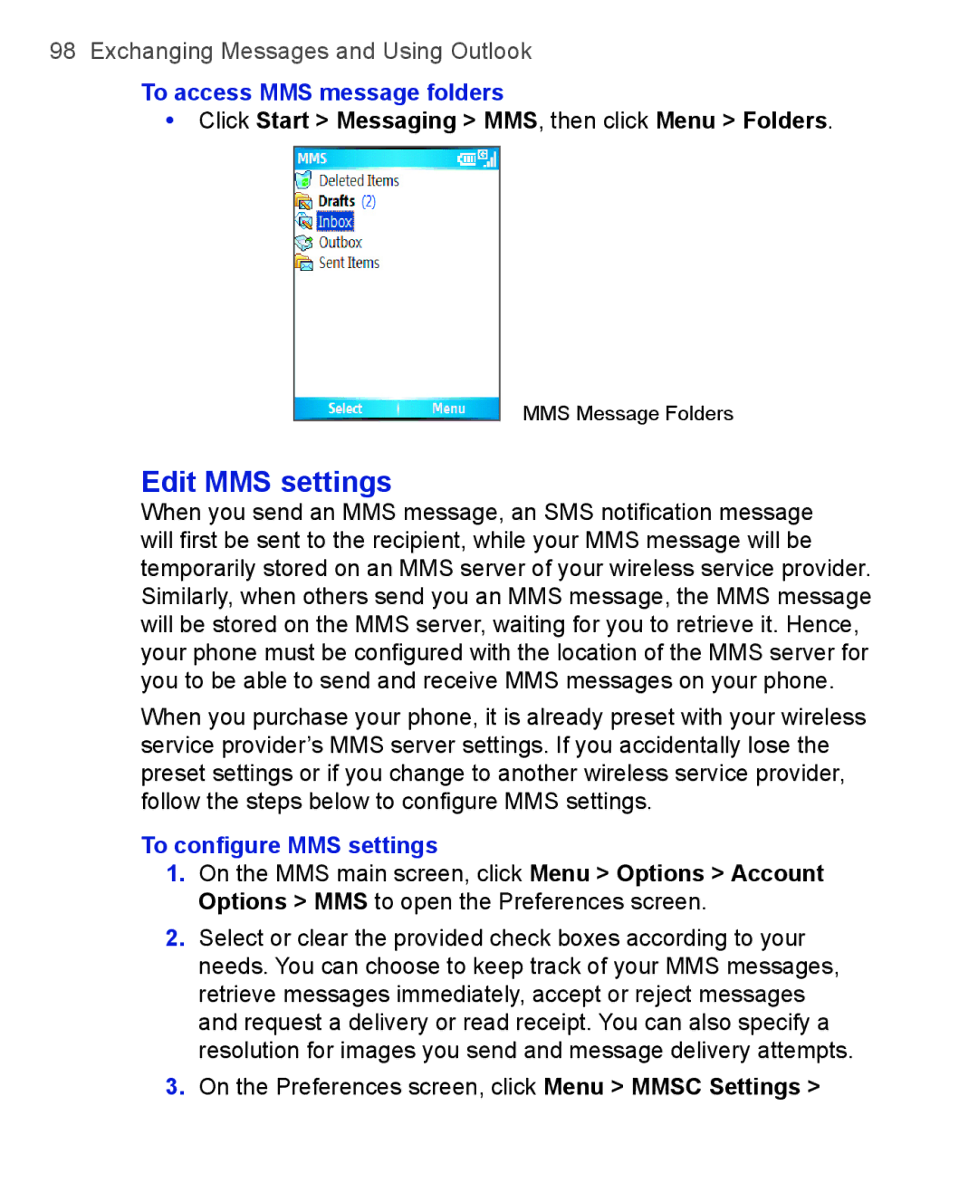 HTC 3100, 3125 Edit MMS settings, To access MMS message folders, Click Start Messaging MMS , then click Menu Folders 