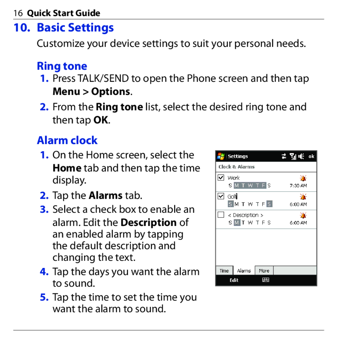 HTC 3G quick start Basic Settings, Ring tone, Alarm clock 