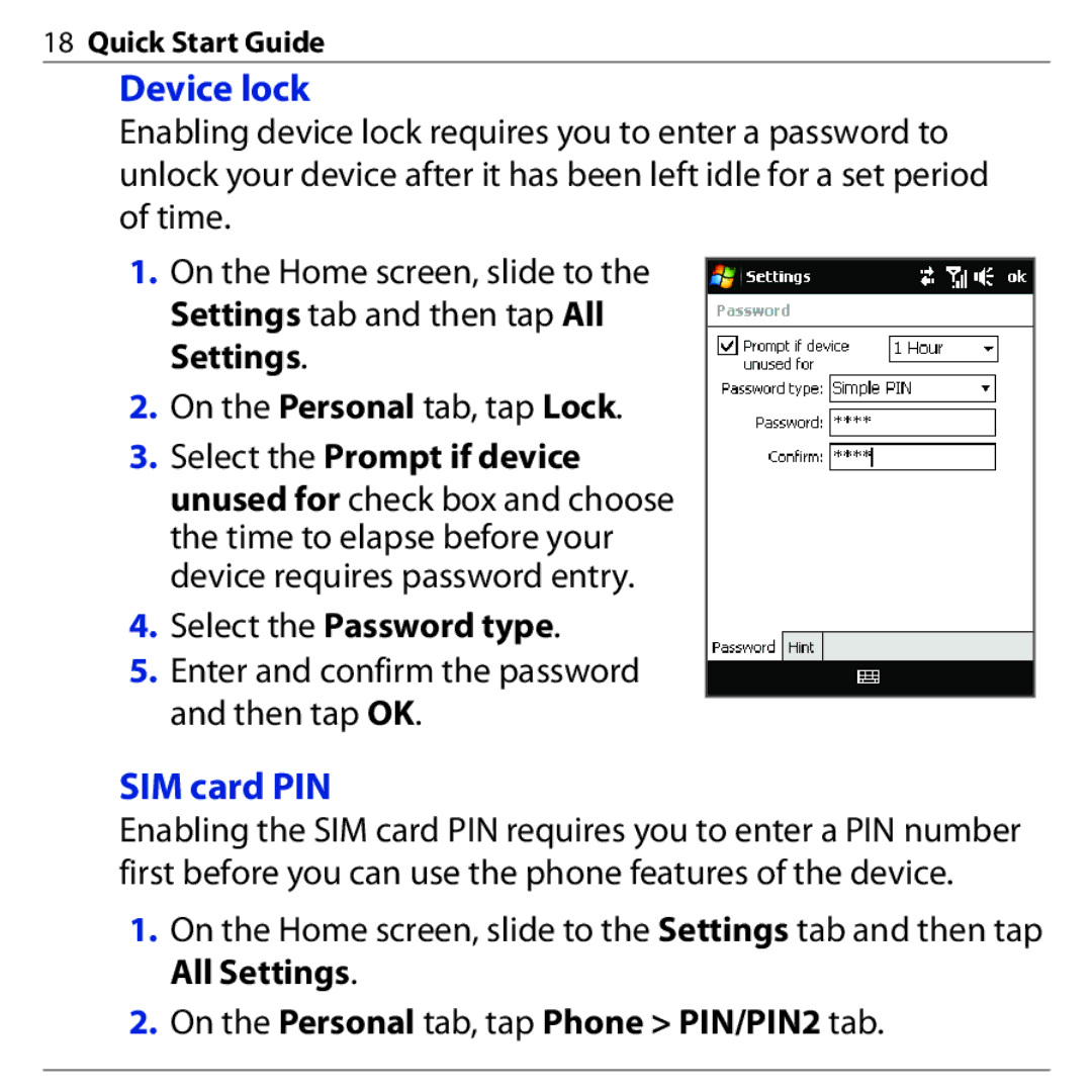 HTC 3G quick start Device lock, SIM card PIN 