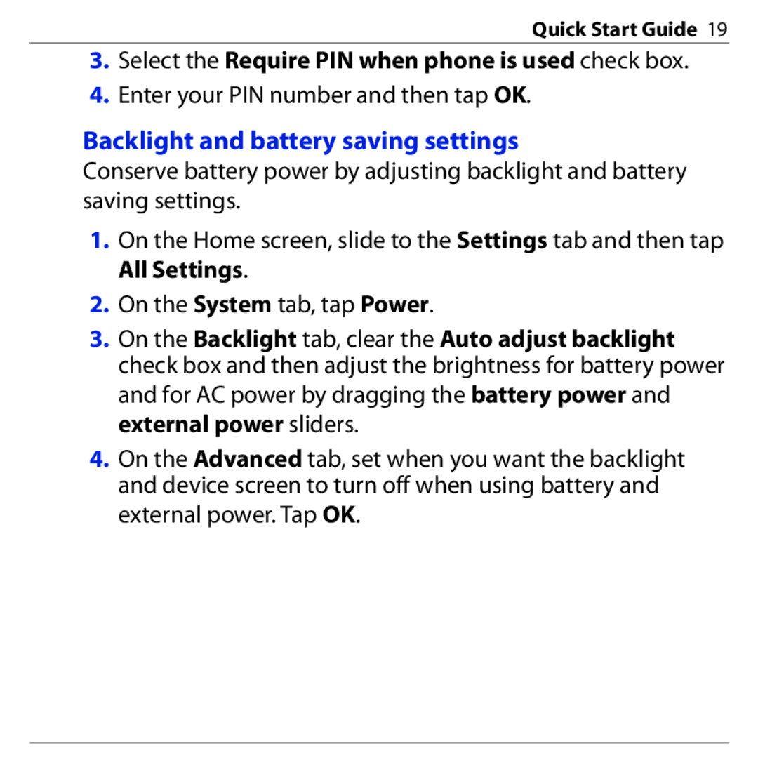 HTC 3G quick start Backlight and battery saving settings 