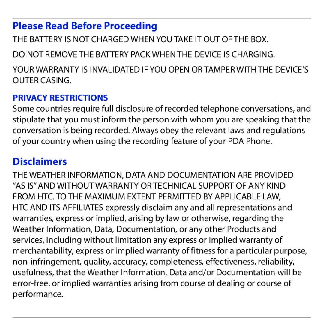 HTC 3G quick start Please Read Before Proceeding, Disclaimers, Privacy Restrictions 