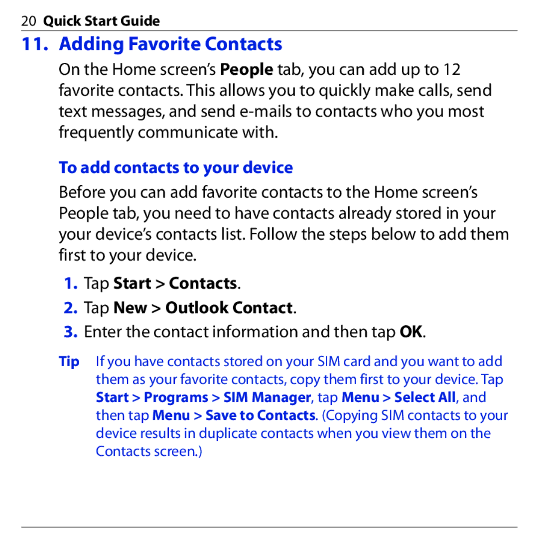 HTC 3G quick start Adding Favorite Contacts, To add contacts to your device 