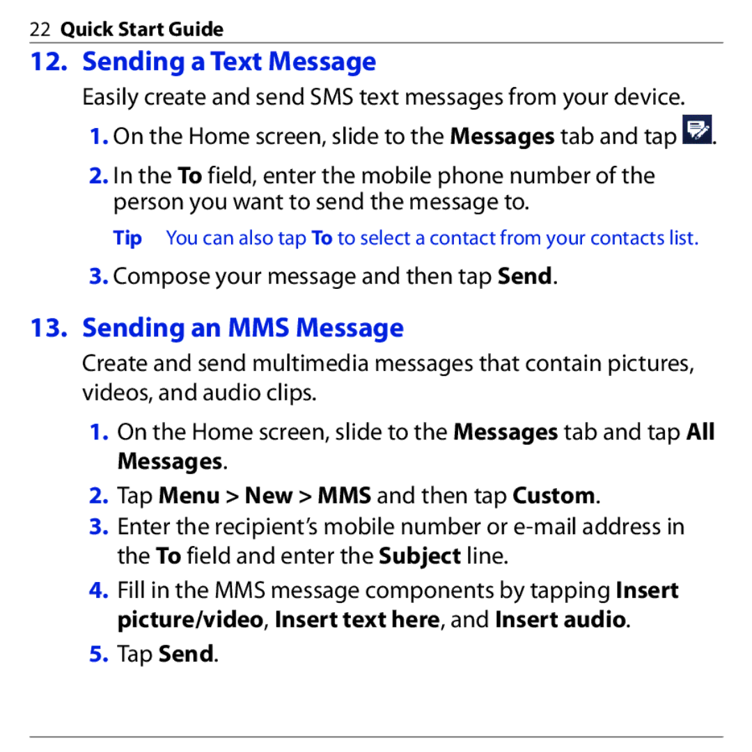 HTC 3G quick start Sending a Text Message, Sending an MMS Message 