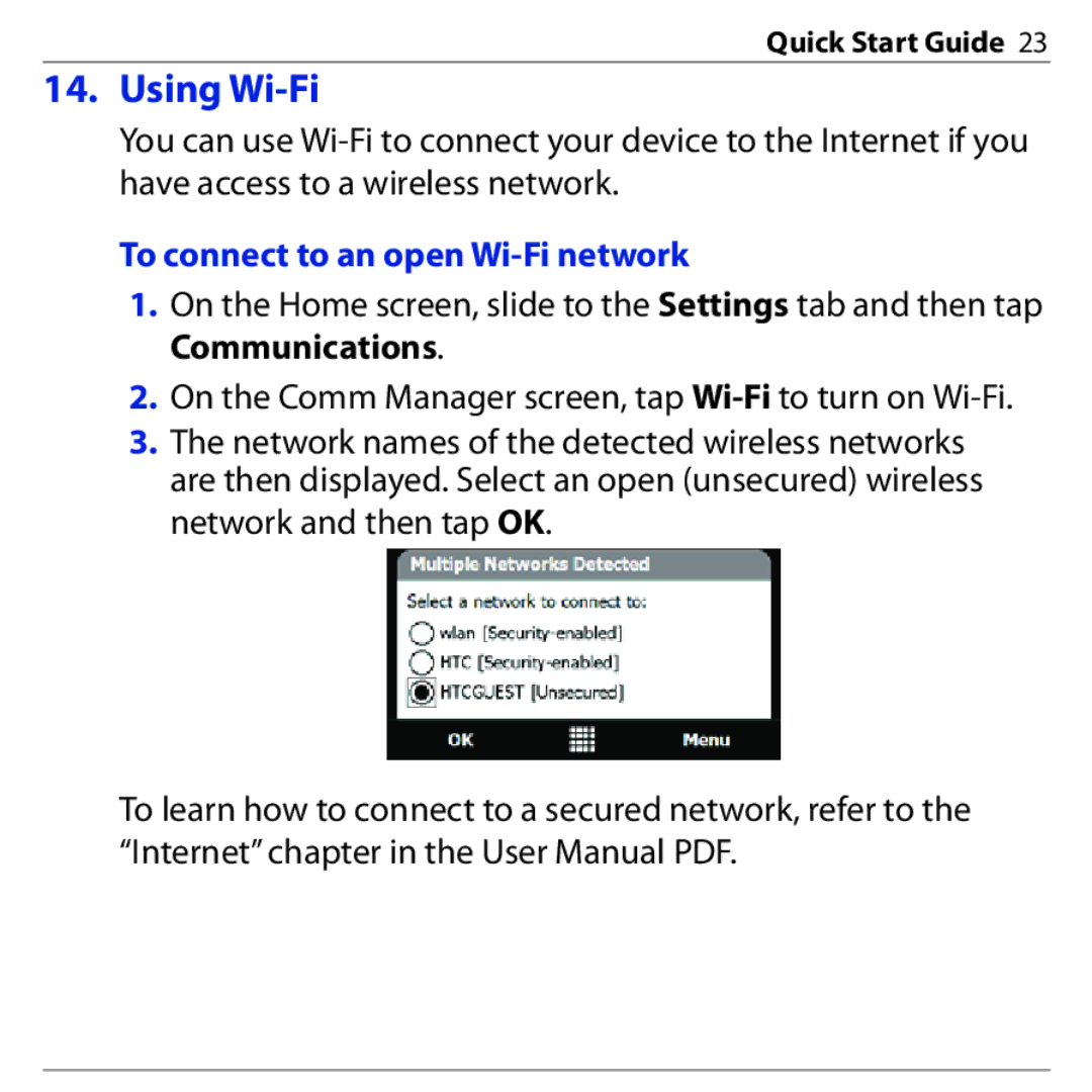 HTC 3G quick start Using Wi-Fi, To connect to an open Wi-Fi network 