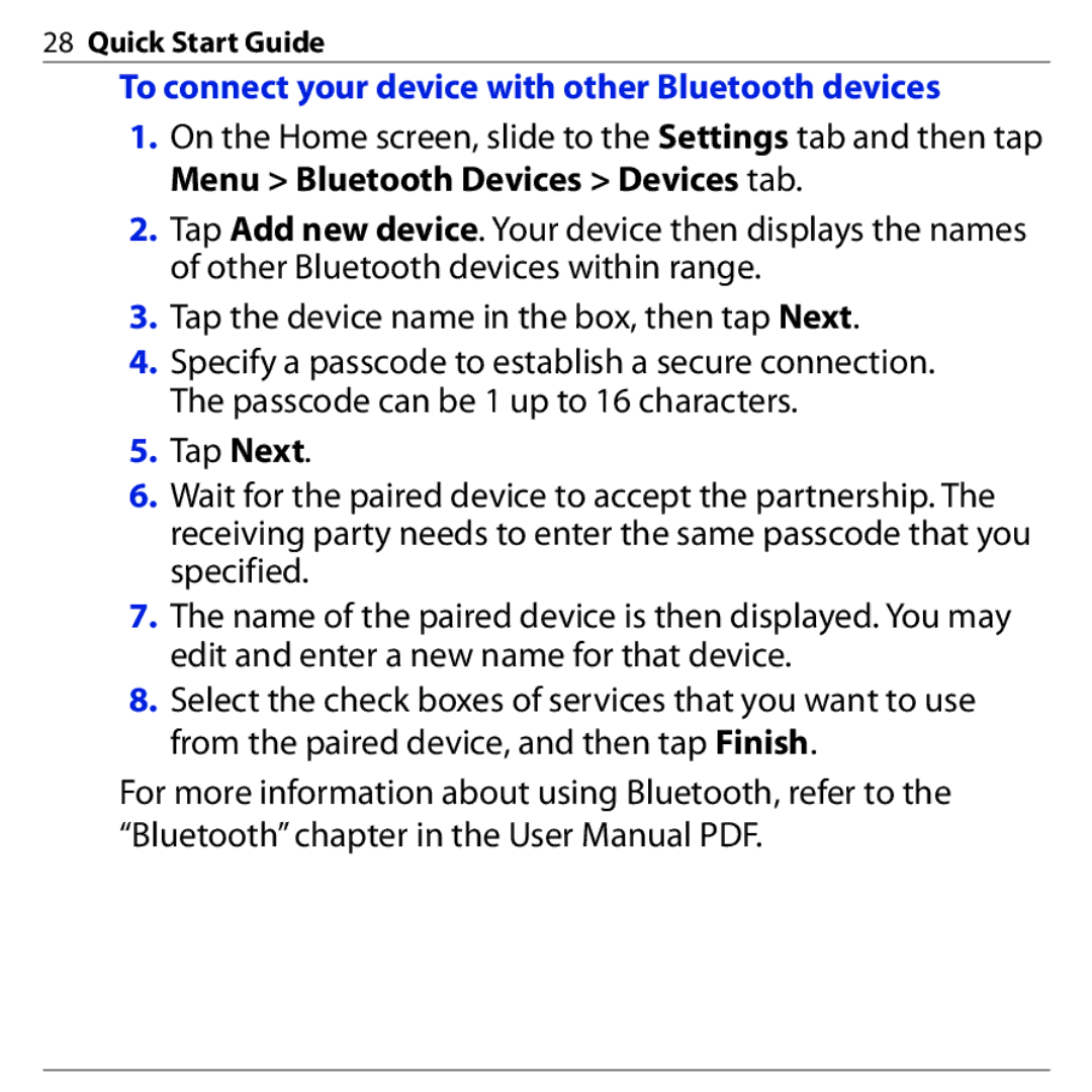 HTC 3G quick start To connect your device with other Bluetooth devices 