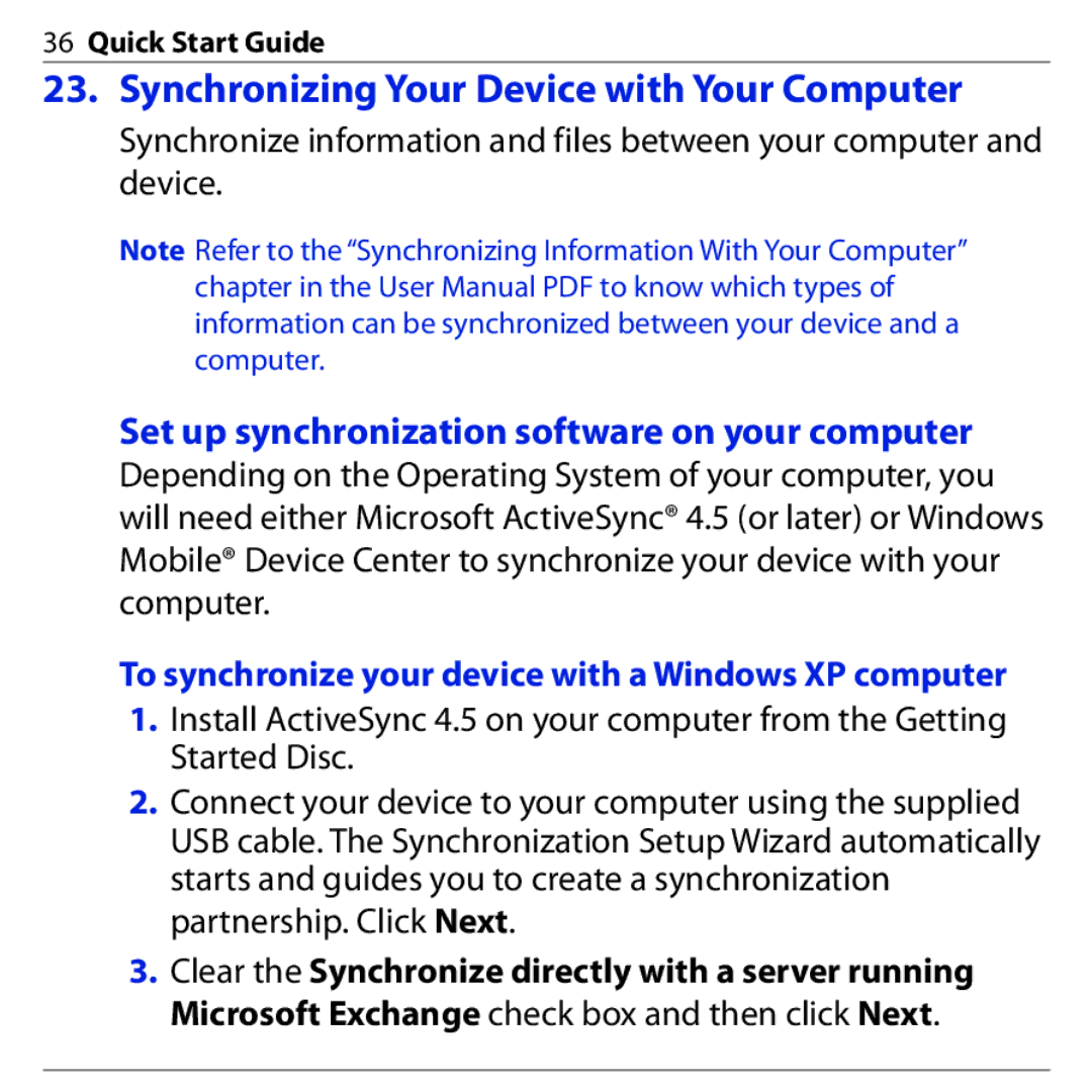 HTC 3G quick start Synchronizing Your Device with Your Computer, Set up synchronization software on your computer 