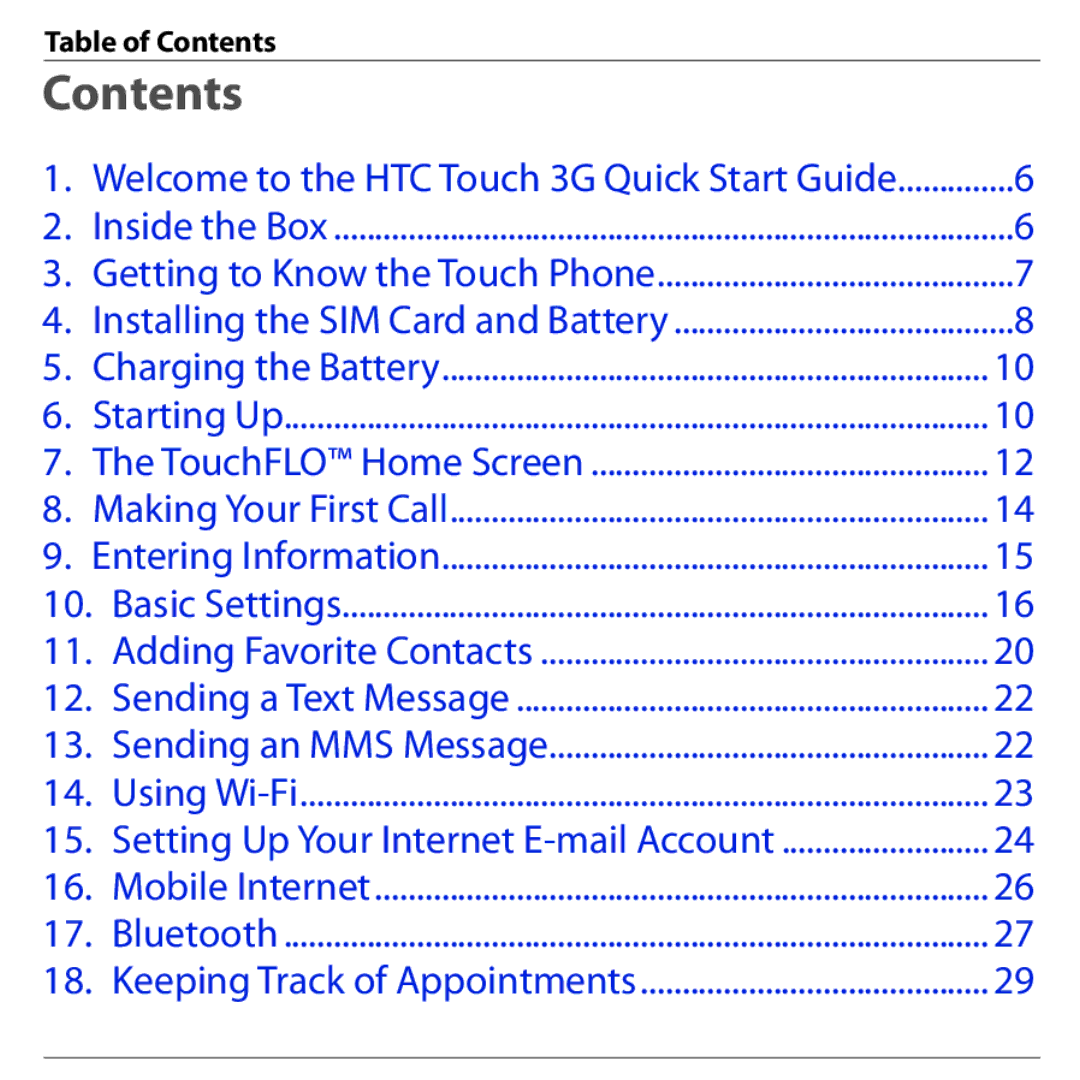 HTC 3G quick start Contents 