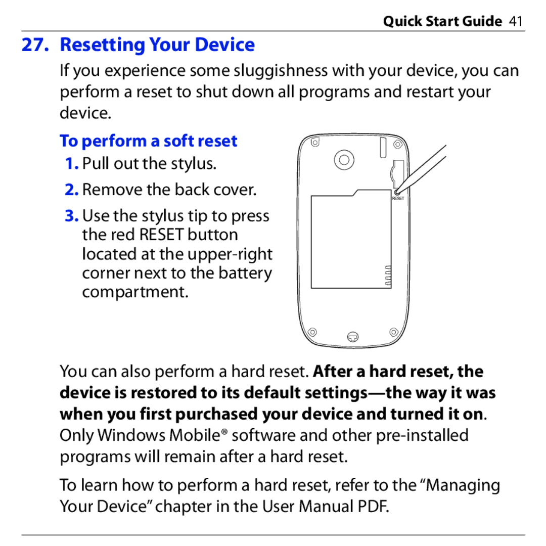 HTC 3G quick start Resetting Your Device, Remove the back cover 