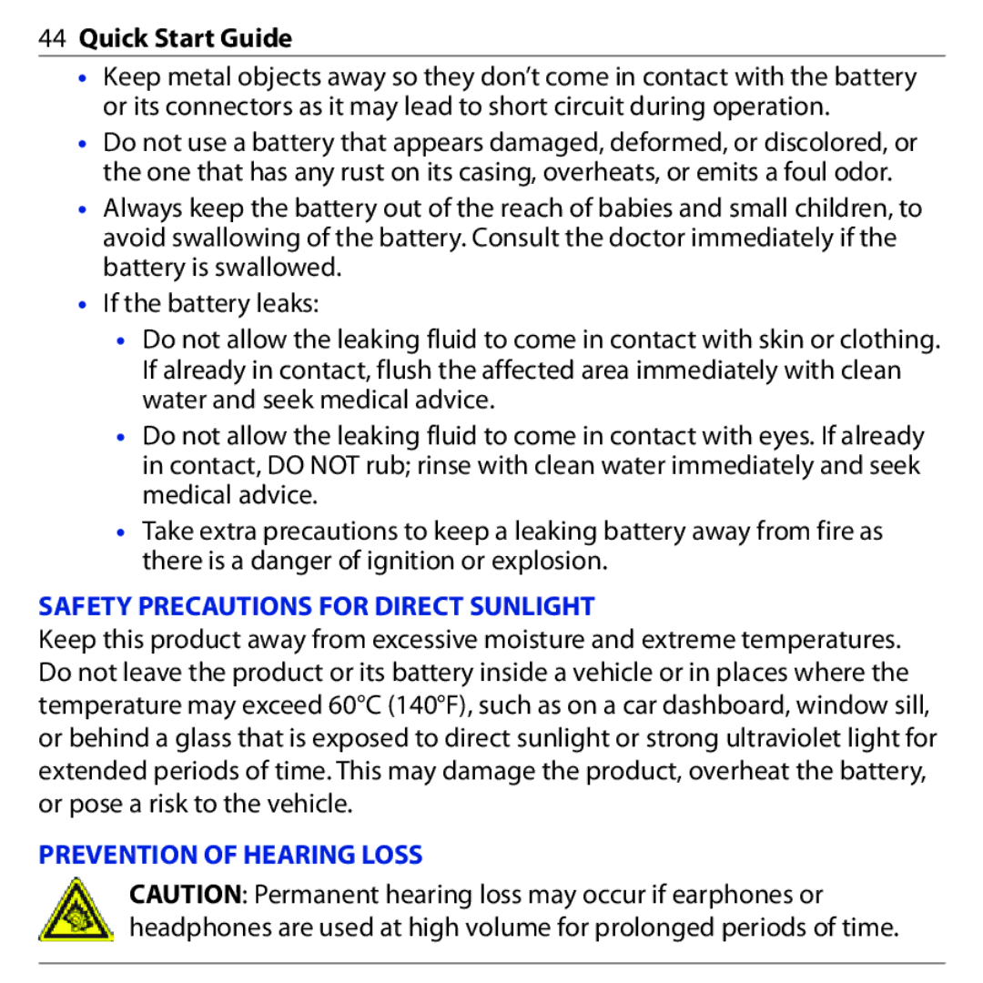 HTC 3G quick start Safety Precautions for Direct Sunlight, Prevention of Hearing Loss 