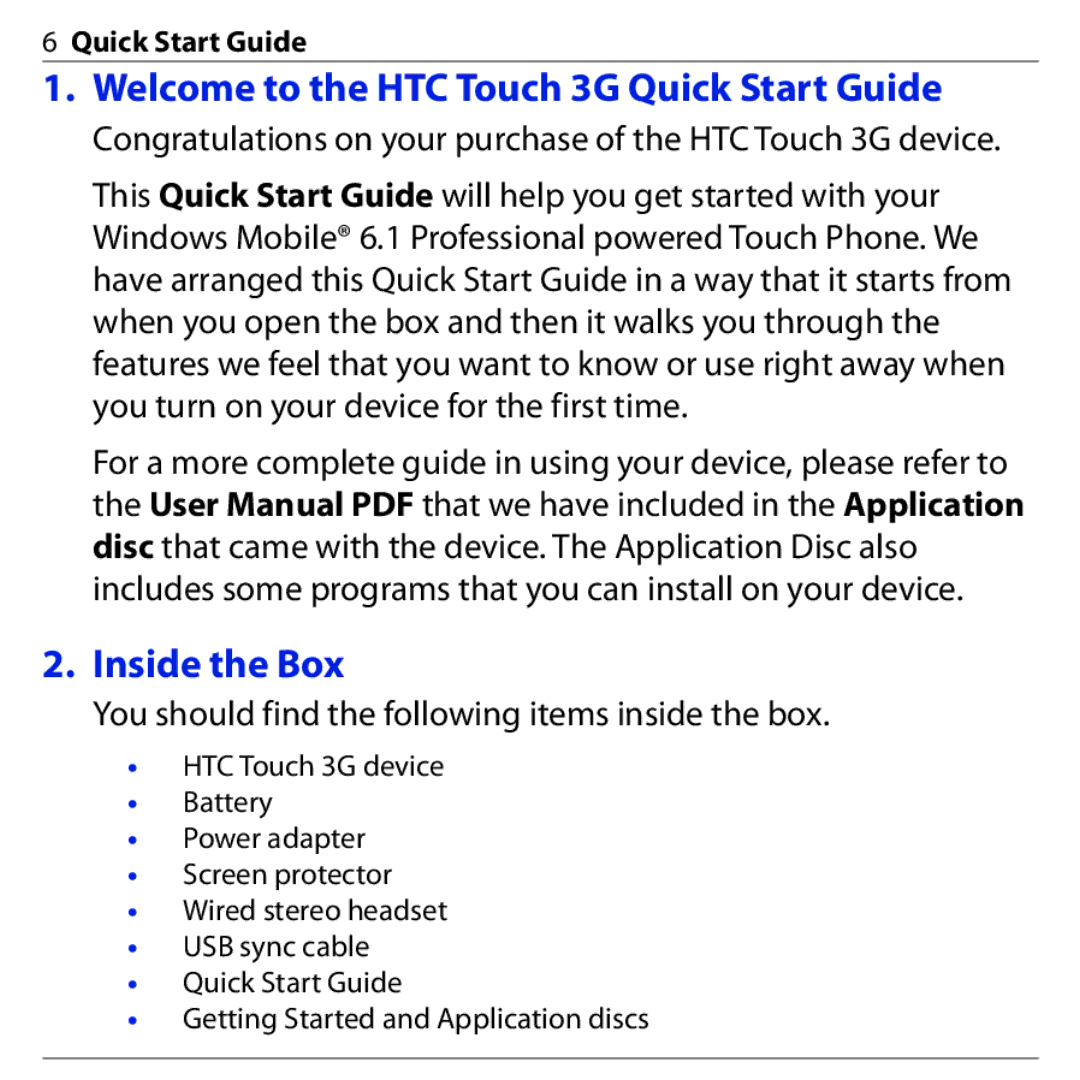 HTC quick start Inside the Box, Welcome to the HTC Touch 3G Quick Start Guide 