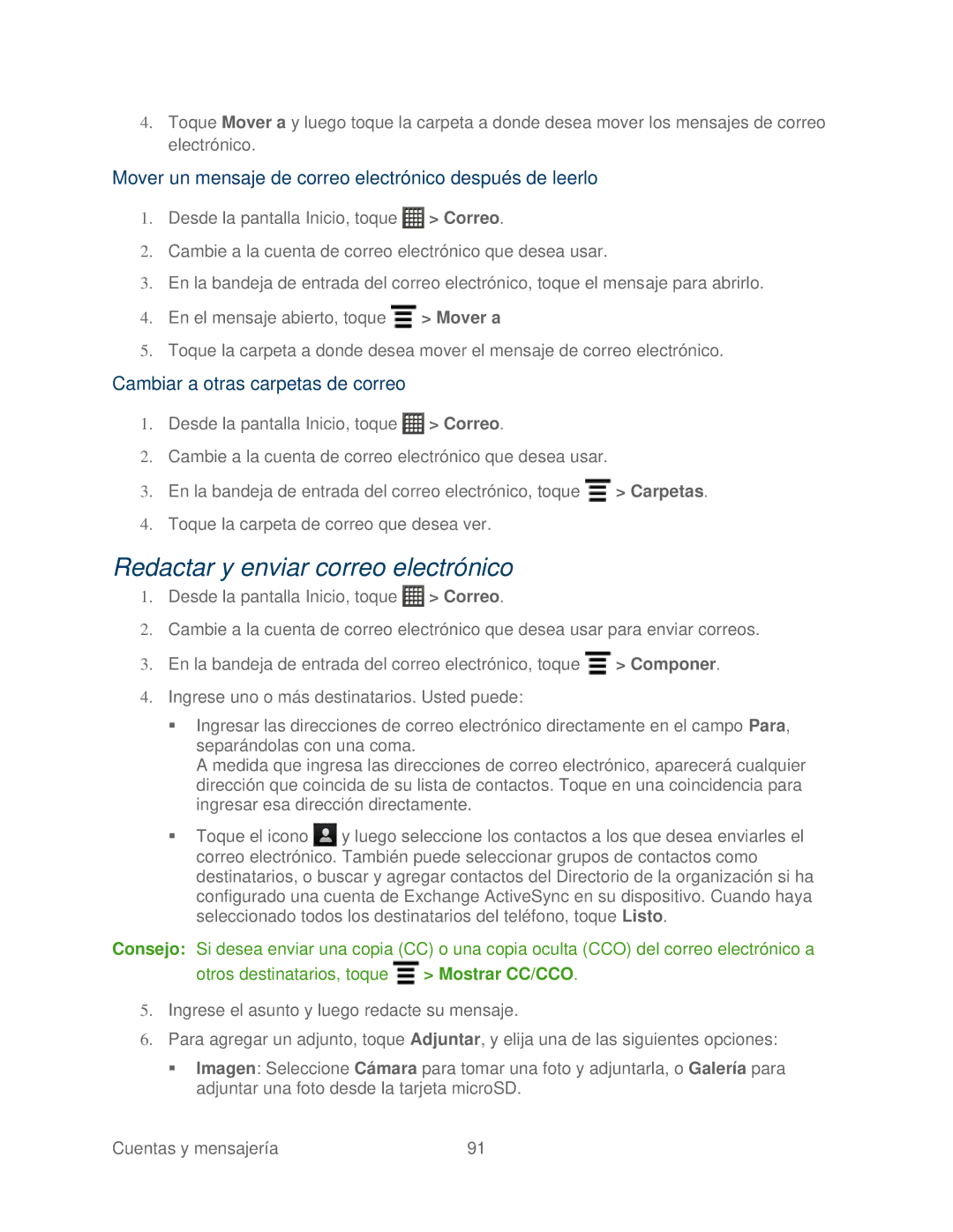 HTC 4G manual Redactar y enviar correo electrónico, Mover un mensaje de correo electrónico después de leerlo 