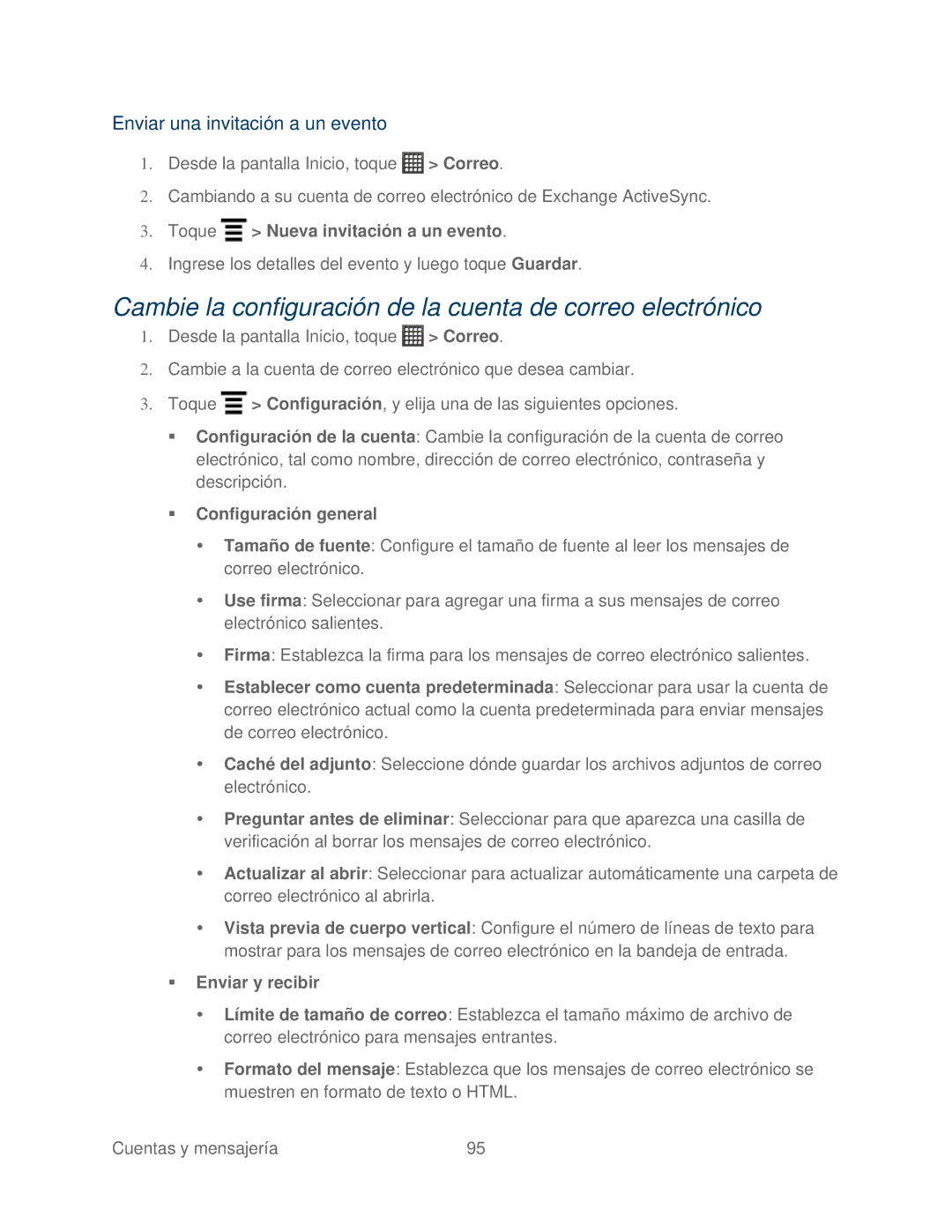 HTC 4G Cambie la configuración de la cuenta de correo electrónico, Enviar una invitación a un evento,  Enviar y recibir 