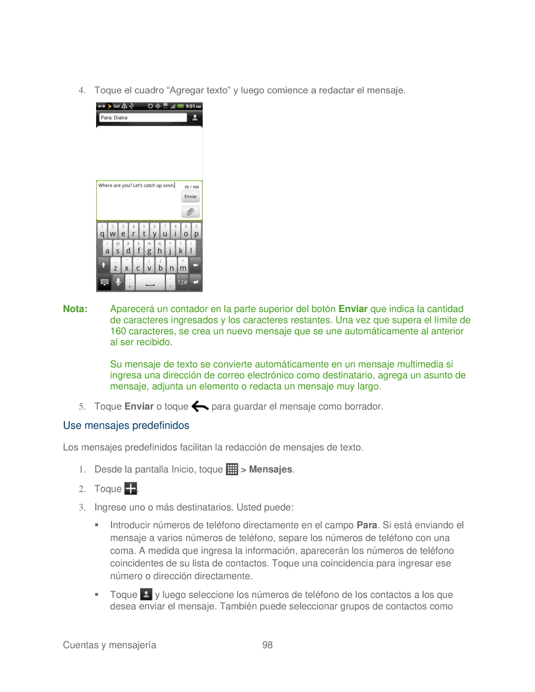 HTC 4G manual Use mensajes predefinidos 