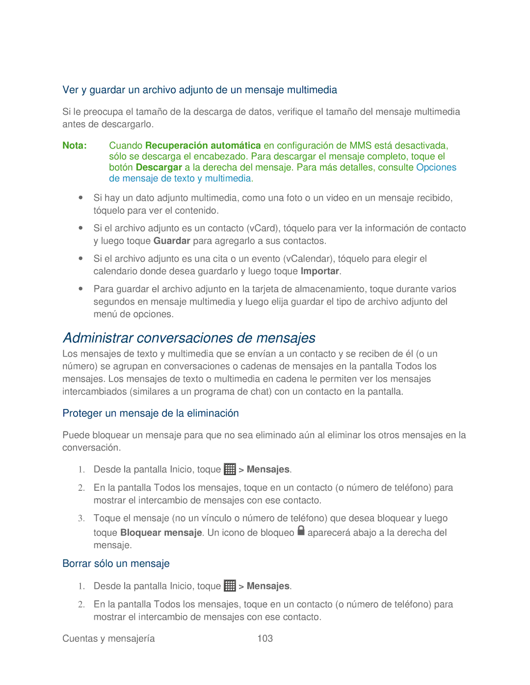 HTC 4G manual Administrar conversaciones de mensajes, Ver y guardar un archivo adjunto de un mensaje multimedia 