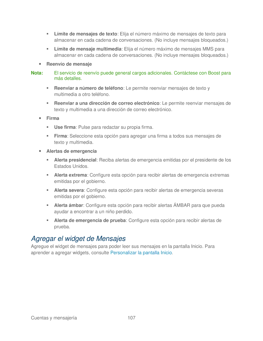 HTC 4G manual Agregar el widget de Mensajes,  Reenvío de mensaje,  Firma,  Alertas de emergencia 