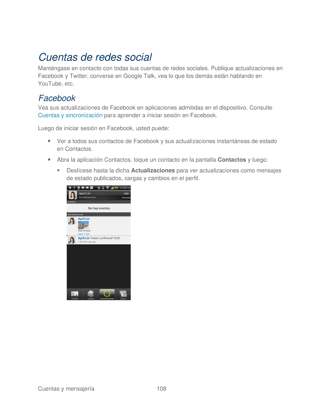 HTC 4G manual Cuentas de redes social, Facebook 