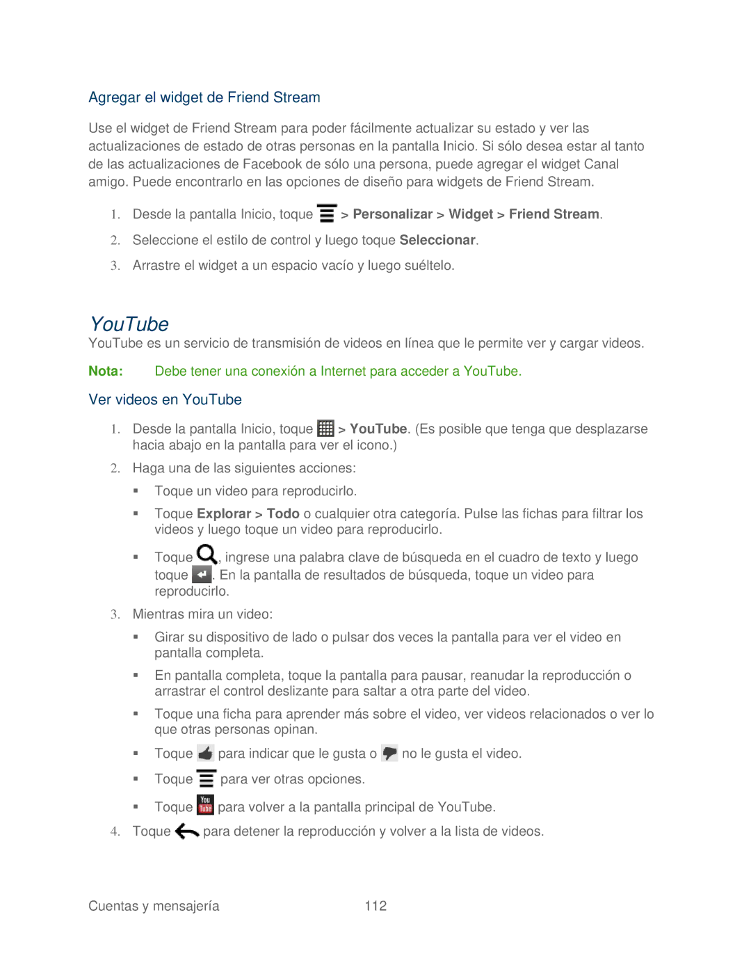 HTC 4G manual Agregar el widget de Friend Stream, Ver videos en YouTube 