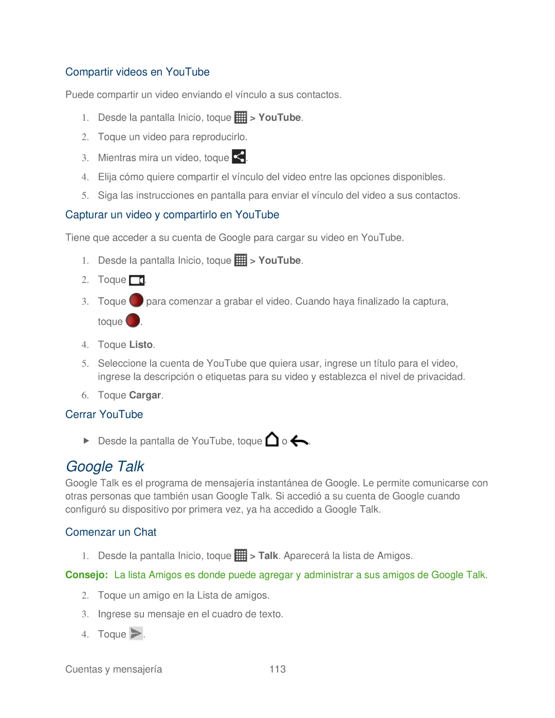 HTC 4G manual Google Talk, Compartir videos en YouTube, Capturar un video y compartirlo en YouTube, Cerrar YouTube 