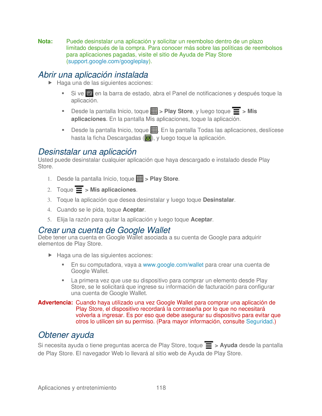 HTC 4G manual Abrir una aplicación instalada, Desinstalar una aplicación, Crear una cuenta de Google Wallet 
