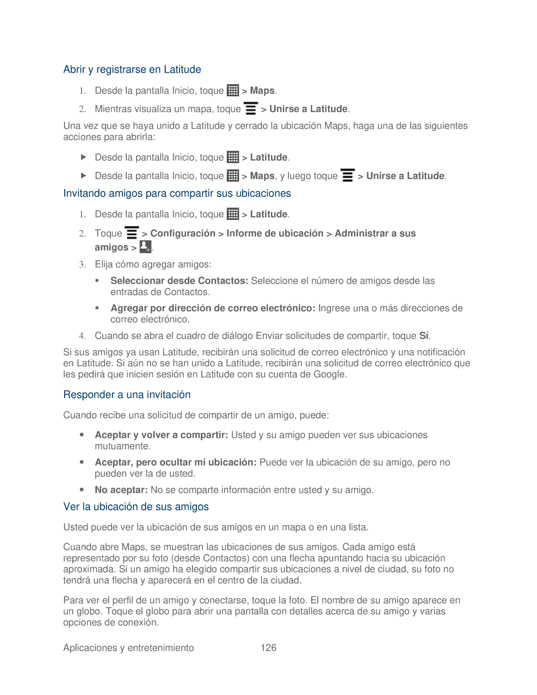 HTC 4G manual Abrir y registrarse en Latitude, Invitando amigos para compartir sus ubicaciones, Responder a una invitación 