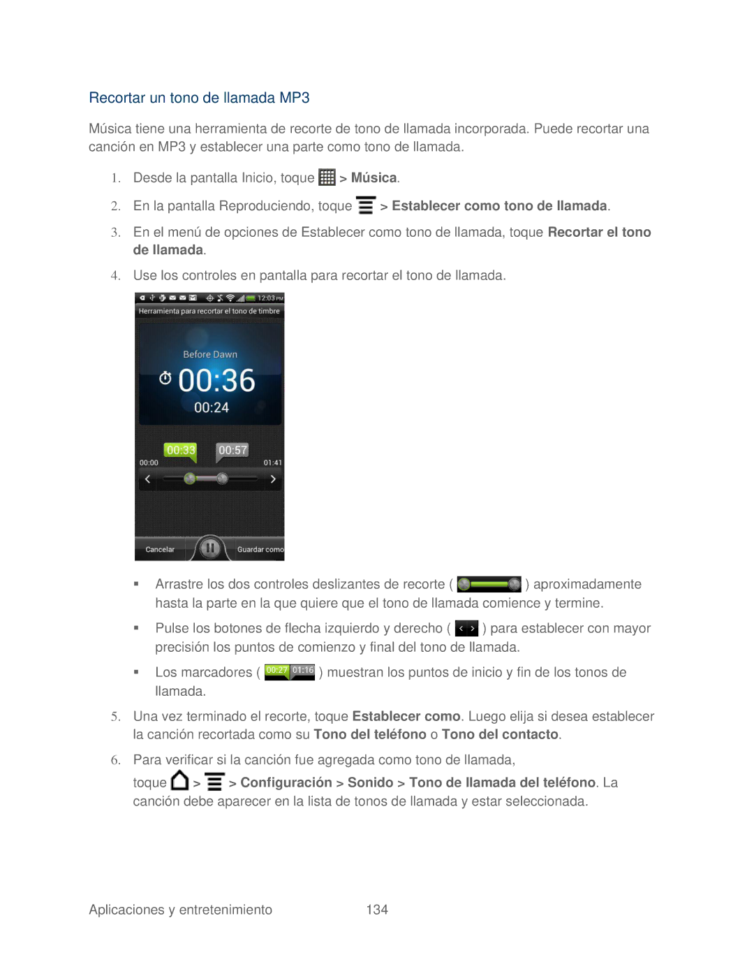 HTC 4G manual Recortar un tono de llamada MP3 