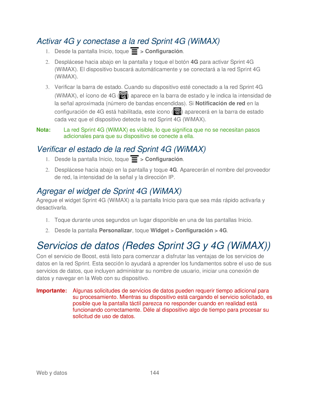 HTC manual Servicios de datos Redes Sprint 3G y 4G WiMAX, Activar 4G y conectase a la red Sprint 4G WiMAX 