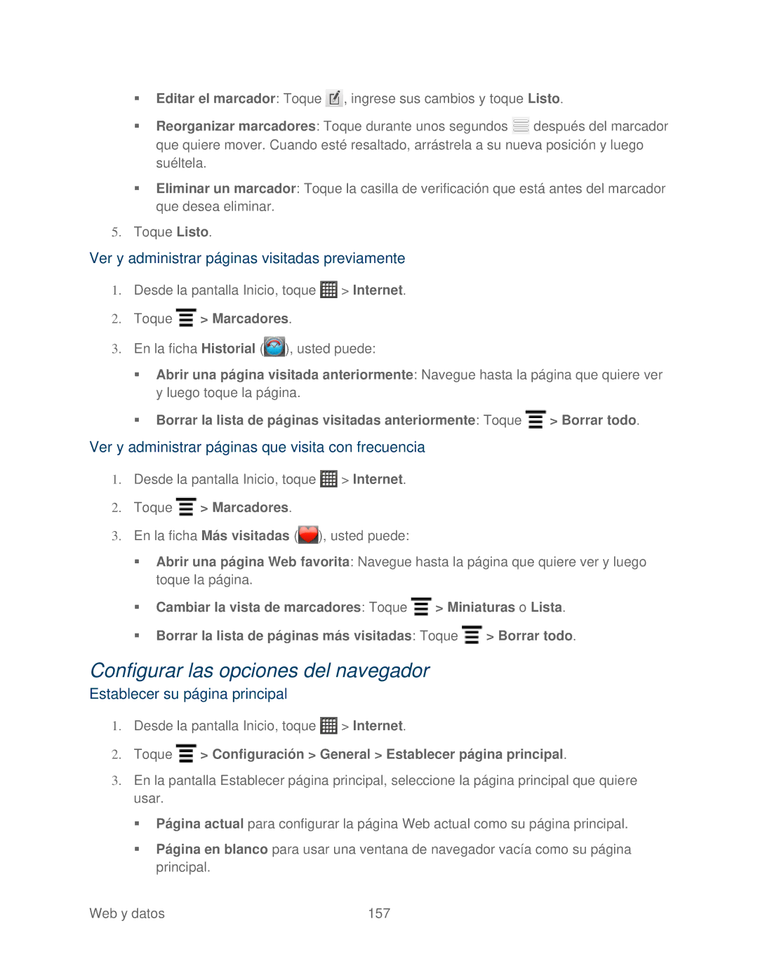 HTC 4G manual Configurar las opciones del navegador, Ver y administrar páginas visitadas previamente 