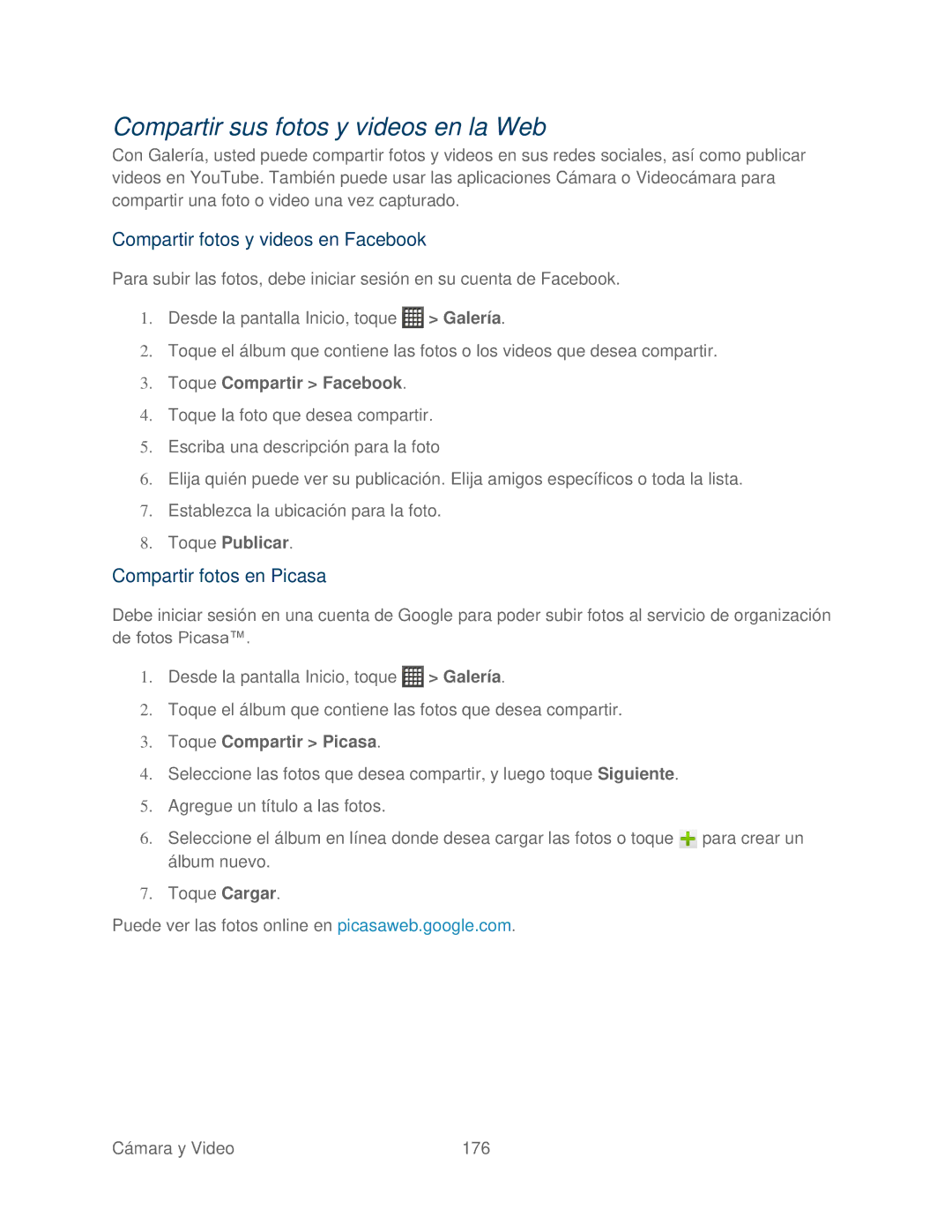HTC 4G manual Compartir sus fotos y videos en la Web, Compartir fotos y videos en Facebook, Compartir fotos en Picasa 