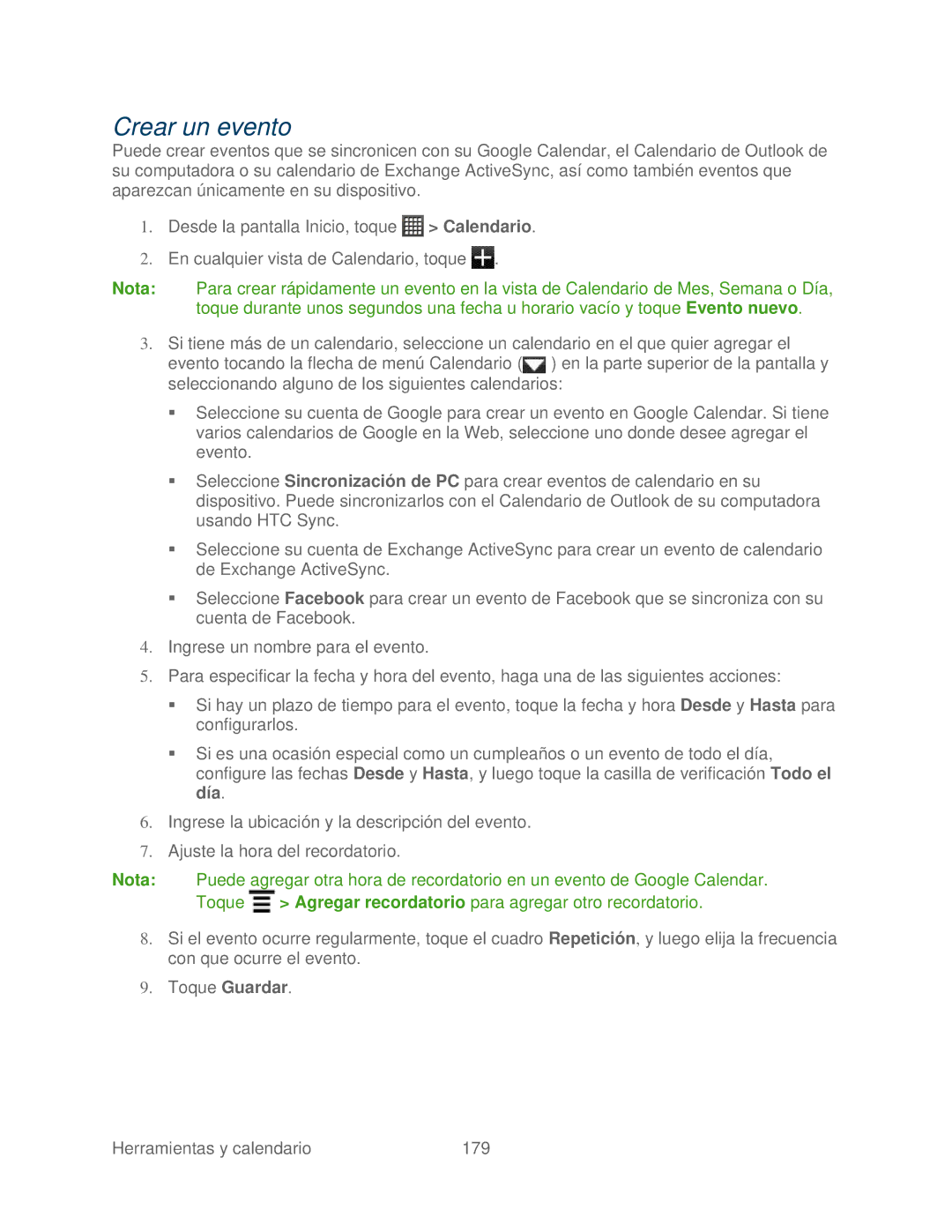 HTC 4G manual Crear un evento, Toque Guardar 