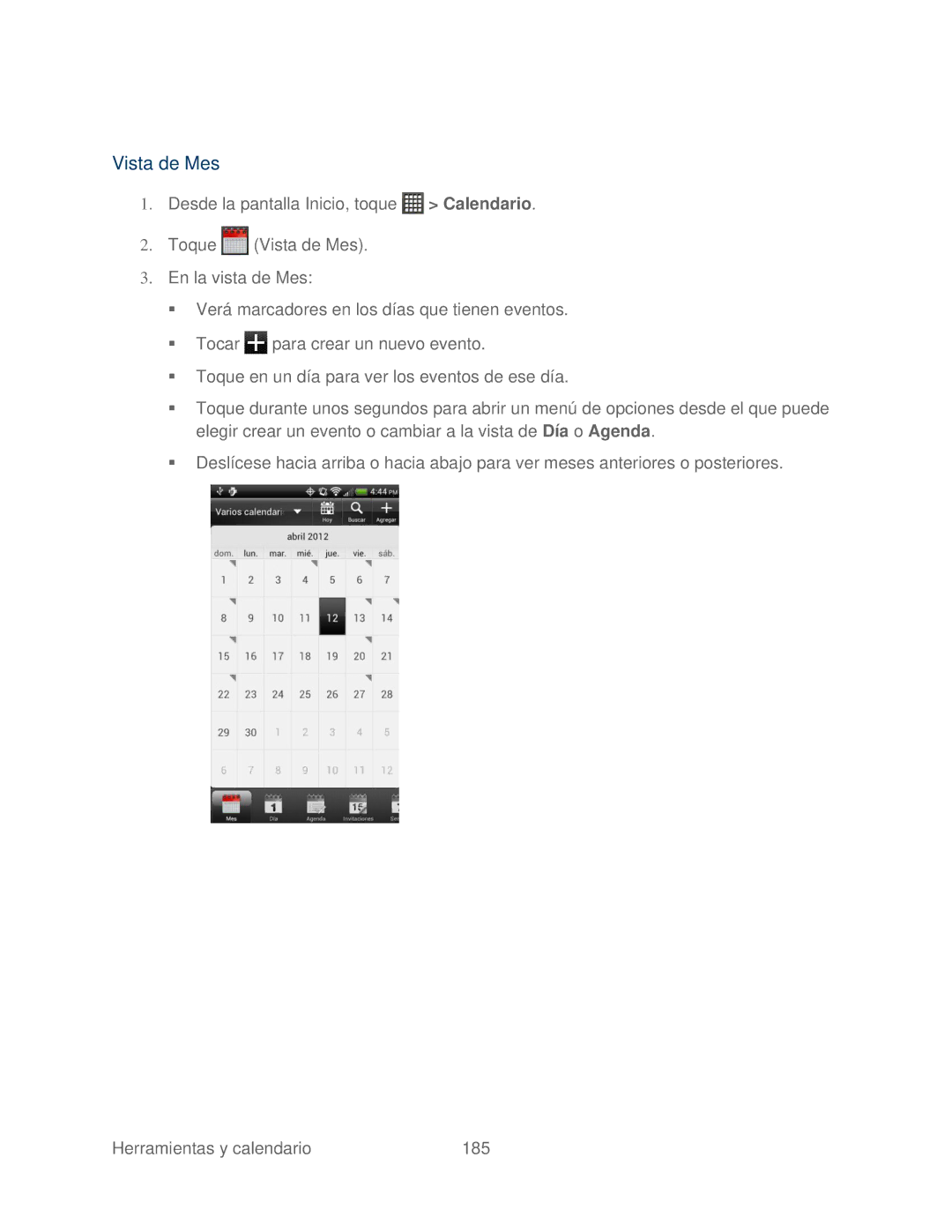 HTC 4G manual Vista de Mes 