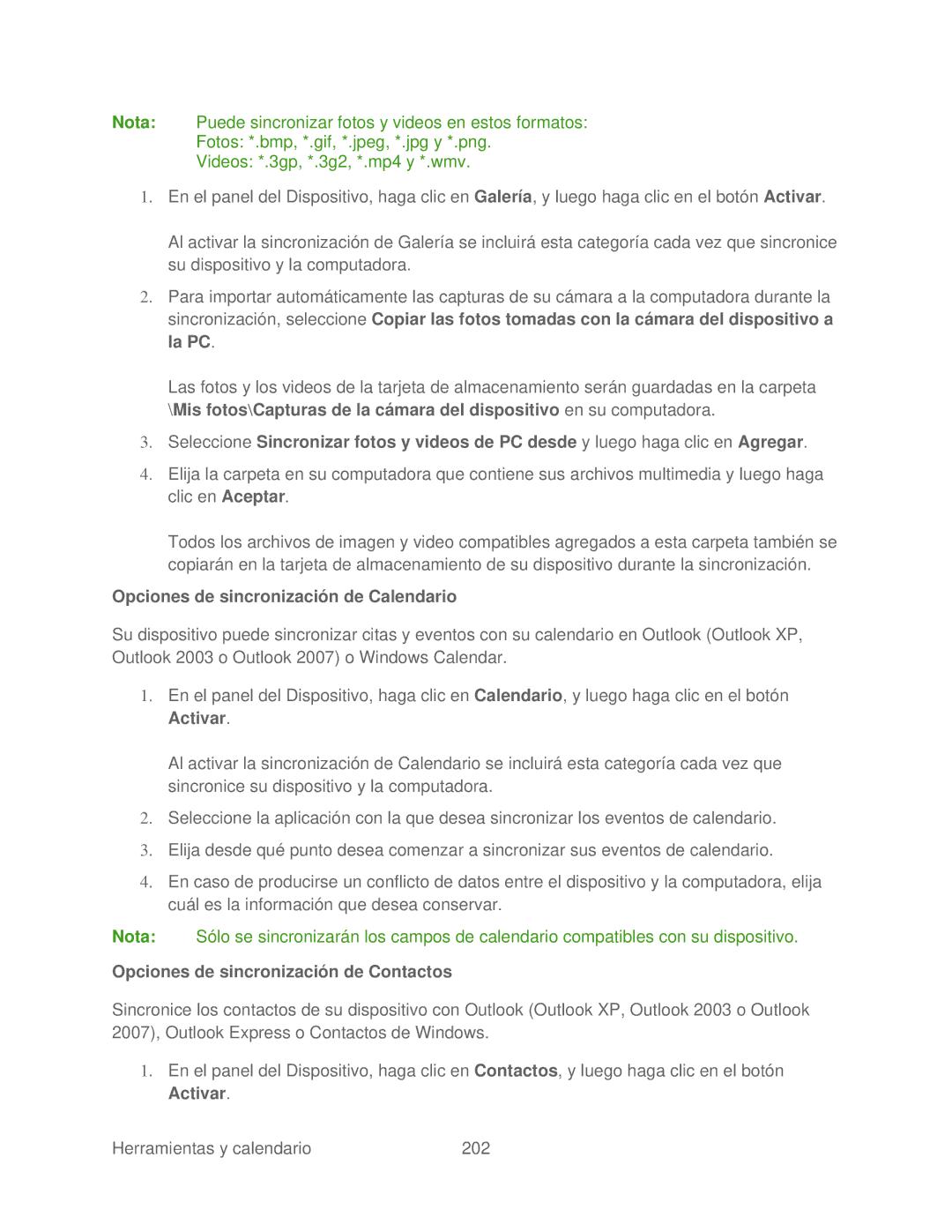 HTC 4G manual Opciones de sincronización de Calendario, Opciones de sincronización de Contactos 