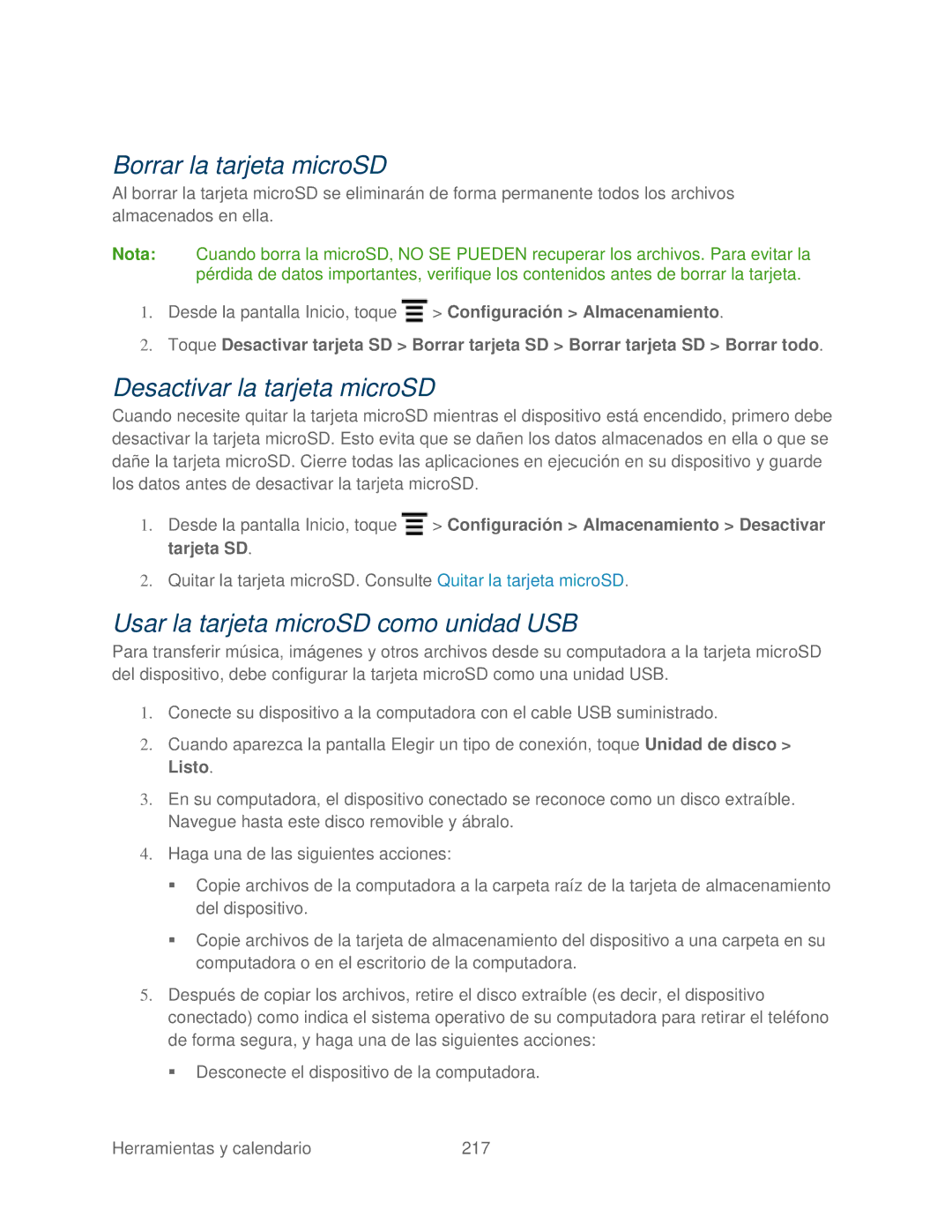 HTC 4G manual Borrar la tarjeta microSD, Desactivar la tarjeta microSD, Usar la tarjeta microSD como unidad USB 